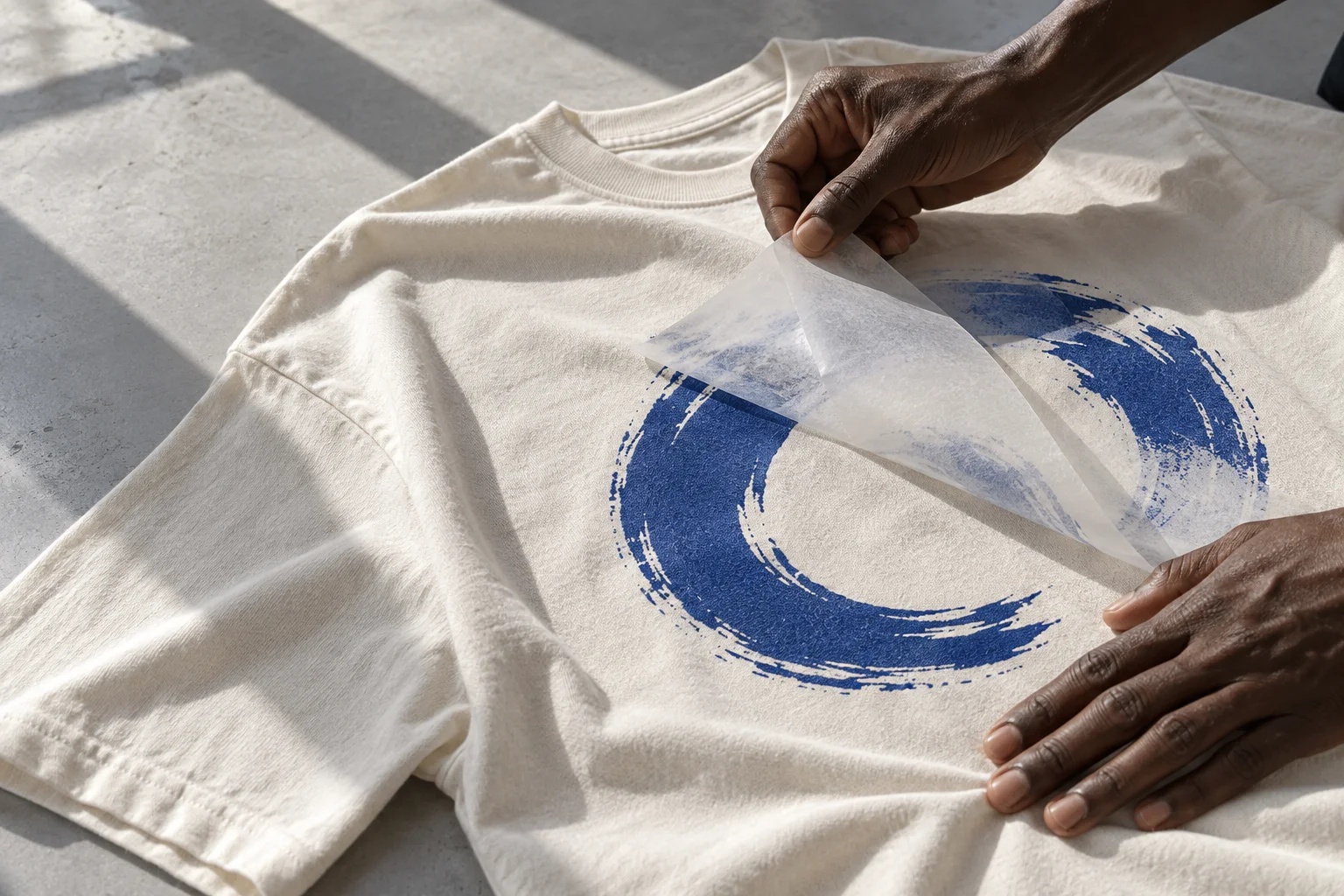 Les mains d’un artisan noir retirent un film de transfert du coton imprimé